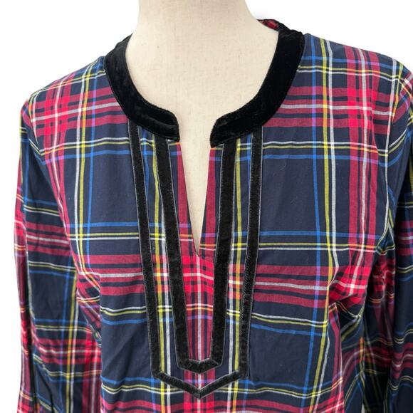 Talbots Plaid Top Size Medium Red Blue Tartan Popover Blouse Velvet Trim Holiday - Picture 3 of 8